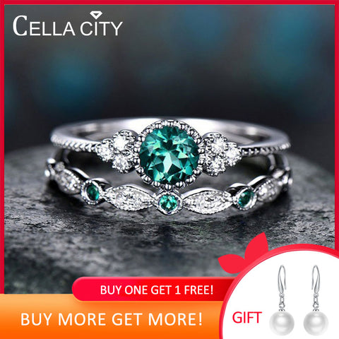 Cellacity classic silver 925  Ring for charm Women with round emerald gemstones  Silver 925 Jewelry women party gift 2pcs/lot